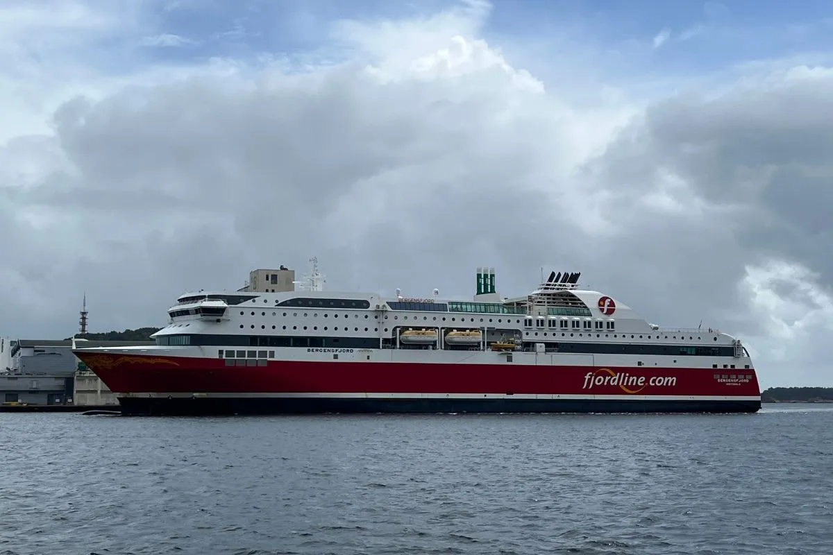 A Fjord Line ferry alongside the quay, seen from the water