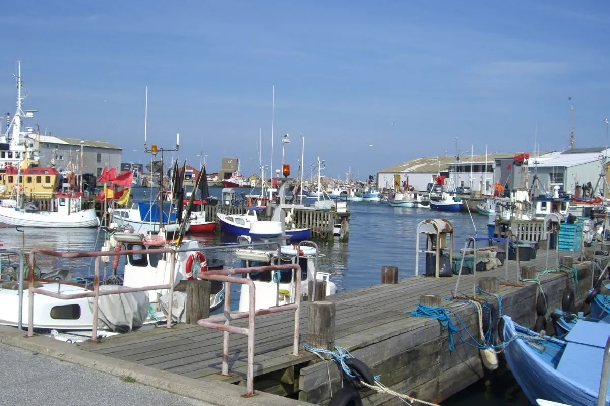 The working fishing harbour at Hirtshals, with trawlers alongside the quay