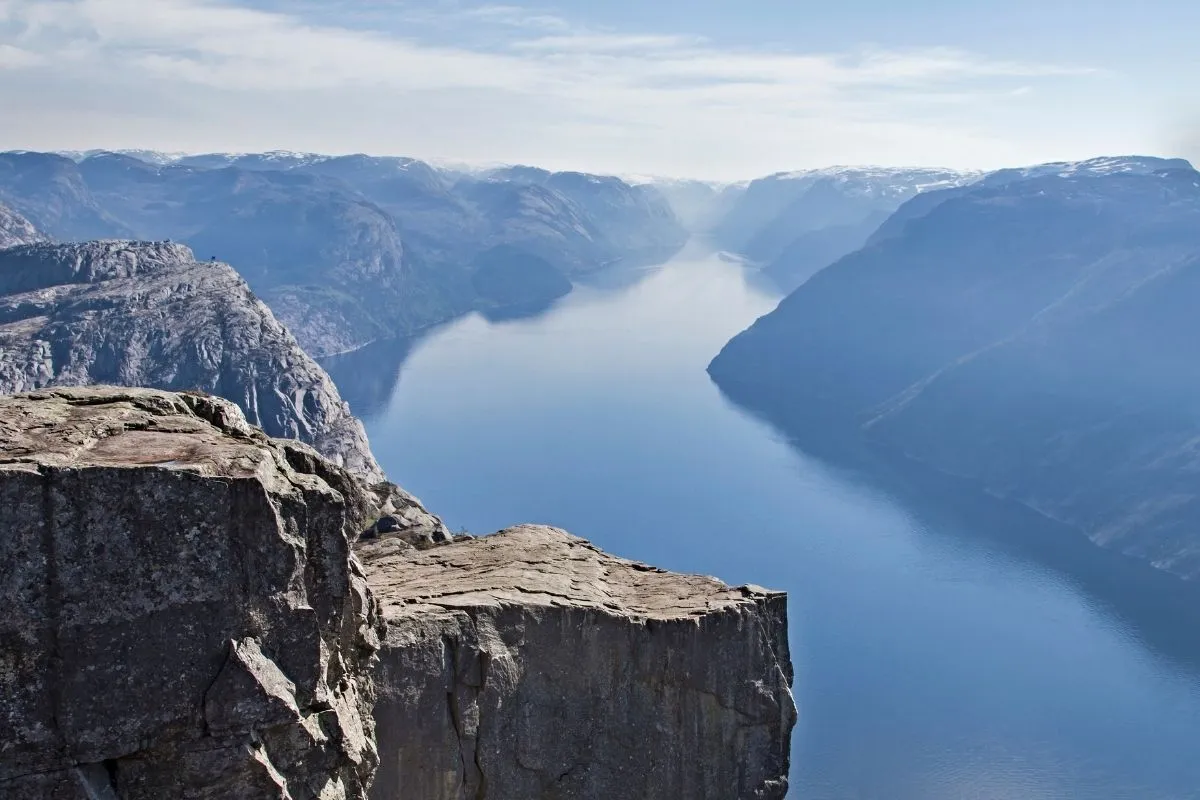 The Preikestolen plateau above the Lysefjord, with the fjord running into the distance