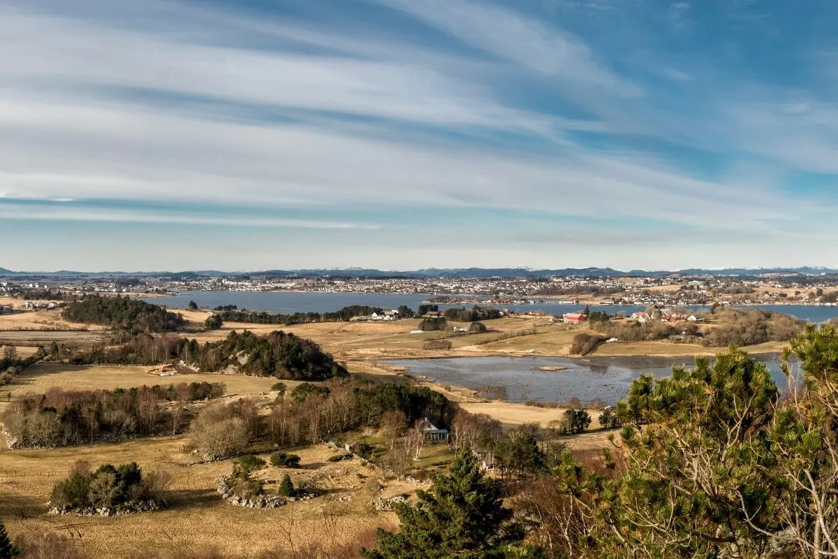 The Rogaland coast around Risavika, with water, farmland and the town beyond